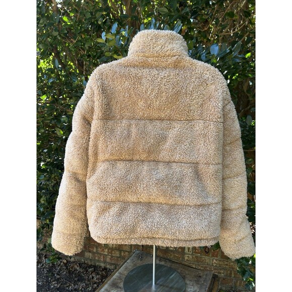 Hollister Mockneck Puffer Sherpa Cream Tan Beige Teddy Jacket Coat Sz Large - Picture 2 of 8